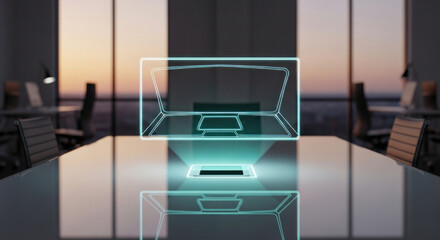 Futuristic office workspace with a holographic computer display reflecting on a glass table at sunset