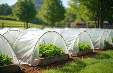 Fototapeta premium Rows of small plant beds with green leafy vegetables covered by clear plastic tunnels for protection. Raised garden beds in outdoor community garden setting with trees in background. Sustainable