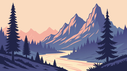 Fototapeta premium Mountain landscape with river and pine treesStylized vector illustration of a serene mountain landscape featuring a winding river and towering pine trees, rendered in a muted color palette suggestin