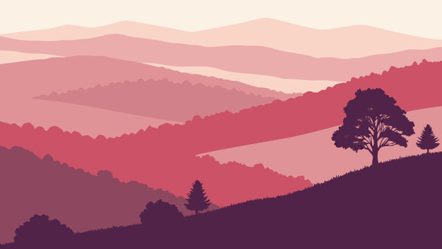 Mountain layers landscape illustration
Stylized vector illustration of a layered mountain landscape with hills and trees, featuring a vibrant pink and purple gradient color scheme.
