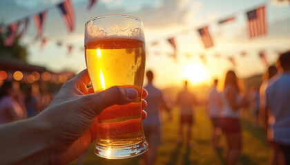 Hand holding beer glass. Party with friends celebrates in yard outdoor. People celebrate Independence Day with drinks toasts. Sunlight shines. American flags decoration summer event.