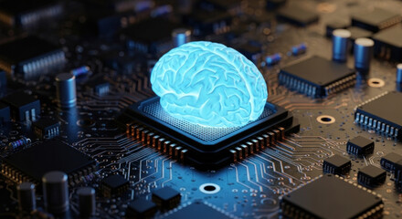 Futuristic representation of a glowing brain on a microchip, symbolizing advanced technology and AI
