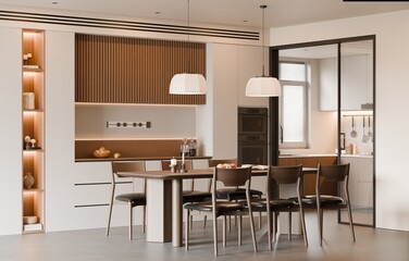 Modern Minimalist Dining Area with Warm Wood Accents and Contemporary Lighting - 3D Render
