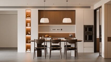 Modern Minimalist Dining Area with Warm Wood Accents and Contemporary Lighting - 3D Render
