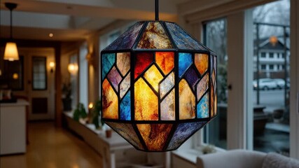 A colorful stained glass lamp hanging in a cozy interior. The lamp features geometric patterns with warm hues. Soft lighting enhances the ambiance. - Powered by Adobe
