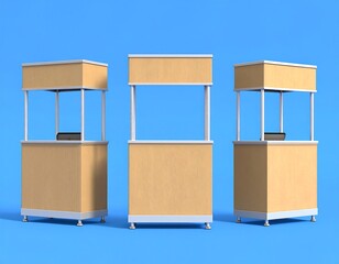 Three beige display kiosks with white frames stand against a light blue backdrop