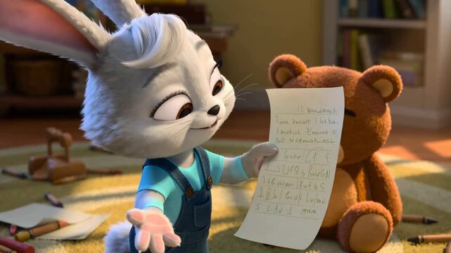 Animated bunny excitedly shares drawings with teddy bear in cozy playroom setting