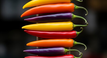 Stacked colorful chili peppers in a vibrant gradient arrangement on dark background, concept for culinary presentation, food blog illustration and spicy ingredient advertising