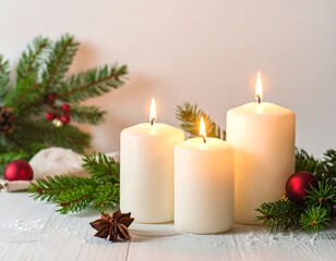 Three lit candles with pine branches, ornaments, and star anise