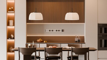 Modern Minimalist Dining Area with Warm Wood Accents and Contemporary Lighting - 3D Render
