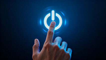 Finger pressing glowing blue power button decisive digital concept for government shutdown or system restart