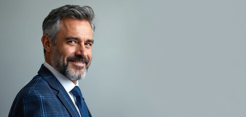 Mature businessman with grey hair and beard smiles. Man in businesslike suit with blue tie and white shirt looks confident. Pro male leader or entrepreneur with grizzled hair.