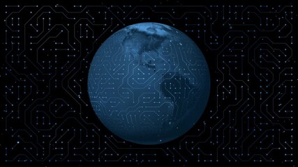 The Digital World: earth globe spinning with circuit board lines on its surface against a futuristic abstract technology background animation, global network, computer science, artificial intelligence - Powered by Adobe