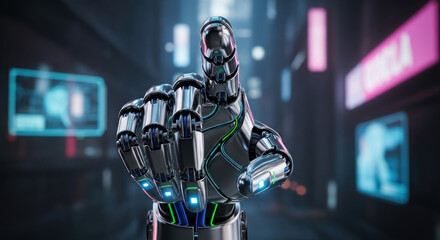 Futuristic robotic hand reaching out in a neon-lit urban setting, showcasing advanced technology
