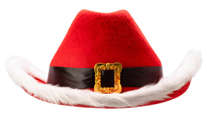 Fototapeta premium Red cowboy hat with white furry trim and gold buckle ideal for a Christmas party on white background with clipping path.