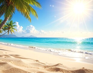 Tropical beach scene with vibrant blue water, sun, and palm fronds