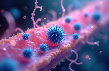 Obraz premium Close view of molecular cell structure. Protein chains interact dynamically, with molecules transport, cell membrane, motion. Image illustrates biological process, metabolic exploration with