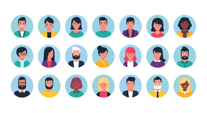 Diverse group of people avatars collection of profile pictures of men and women of different ages, ethnicities, and styles