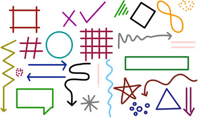 Colorful doodle elements set. Hand-drawn abstract shapes, arrows, lines, and highlights in playful vector style.