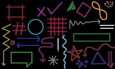 Vivid abstract doodle elements on black. Hand-drawn colorful shapes, arrows, symbols, and highlights with modern vector outline style.