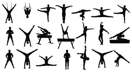 A collection of gymnast silhouettes performing various acrobatic moves, the figures showcase flexibility, strength, and balance in black against a clean backdrop
