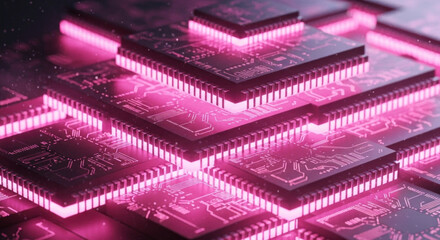 Futuristic stacked microchips illuminated with pink neon lights, showcasing intricate circuitry design