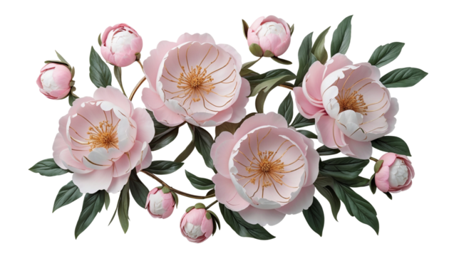 Photo of Pink peonies arranged with green leaves on white transparent background   - Powered by Adobe