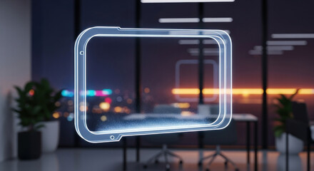 Futuristic transparent display panel in a modern office with a city skyline at sunset in the background