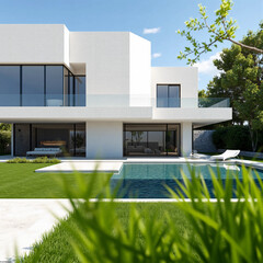 modern office building with green grass