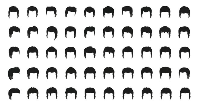 Collection of various black hair silhouettes, showcasing different styles and shapes for design or creative projects, offering a diverse range of options