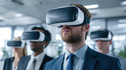 Business professionals engaged in virtual reality experience with headsets in a modern office environment.