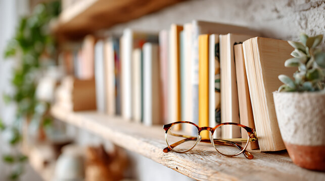 a wooden bookshelf filled with colorful books, glasses, and a small plant, creating a cozy and intellectual home reading atmosphere