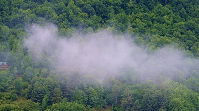 Aerial shot drifting through a mist-wreathed mountain valley.