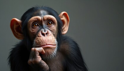 Chimpanzee with chin on hand looks thoughtful. Ape considers deeply, showing expressive eyes and fur. Primate sits alone on plain grey backdrop, deep in thought.
