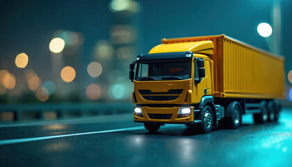 Miniature yellow truck carries cargo container along road. Blurred cityscape appears behind. Toy model replica commercial logistics transport at night. Vehicle conveys delivery service across urban