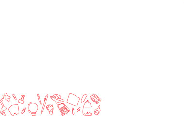 Collection of school and office supplies drawn in red outline A horizontal arrangement of various school and office items, including a globe, calculator, and writing utensils, all depicted with red