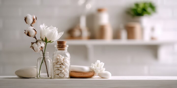 Spa wellness items with cotton flowers and pebbles