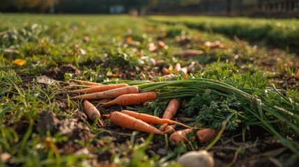 Freshly harvested carrots lying on the ground in a field