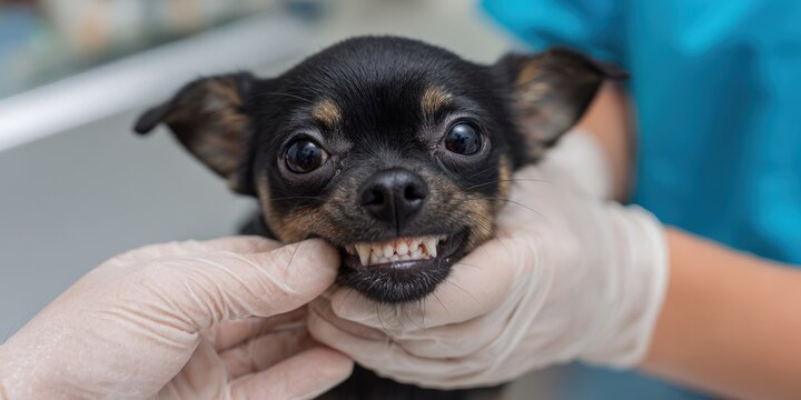 Small chihuahua dog receiving veterinary teeth checkup