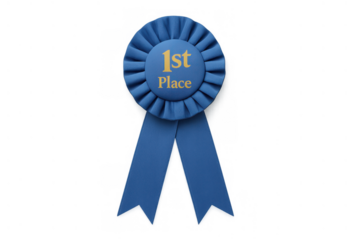 Blue 1st place award ribbon representing victory and achievement in competition, recognizing success and excellence