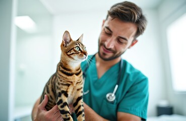 Male vet holds Bengal cat in clinic room. Veterinarian checks pet health, examines feline for illness. Animal doctor cares for sick kitty, providing medical attention indoors.