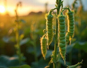 Obraz premium Close up photo of green soy plants in farmland at sunset. Agriculture concept. Soybean pods detail with sunlight. Healthy eco food concept. Agricultural field.