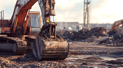 Closeup of an excavator on a construction site, digging and moving earth, heavy machinery in action