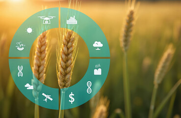 Wheat spikes in field with agriculture icons. Concept for smart farming tech. Modern agriculture uses drones, data analysis, weather forecasts, gene editing, precision watering, sustainable harvest,