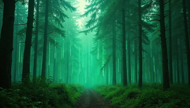 Digital code rains down in a dark green forest creating a mysterious atmosphere. Trees stand tall on a dirt path leading into misty woods. Futuristic nature scene blends tech and wilderness.