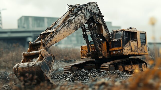 A weathered excavator stands on a construction site, its bucket filled with dirt and debris, ready for work
