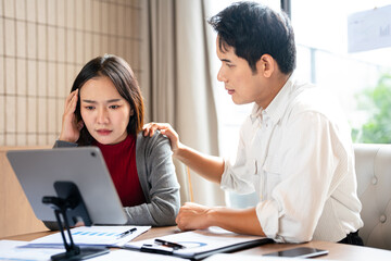 Tired business team are having a briefing meeting, can't find solution. Exhausted male and female employees fail a startup, upset about work troubles, unsuccess and overwork concept.