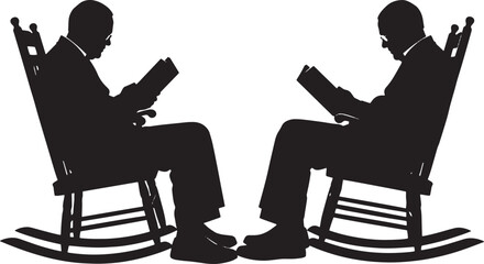 Two men are sitting in rocking chairs and reading books the silhouette of the men is visible against the white backdrop, creating a striking contrast