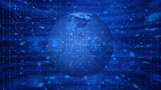 Digital world: planet earth with glowing circuit board lines, zooming into blue tech background, abstract electronic data system, cloud computing artificial intelligence and global data flow