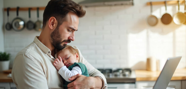 Man holds sleeping baby in kitchen. Father works remotely on laptop while caring for infant. Family life balance, paternity leave, childcare.